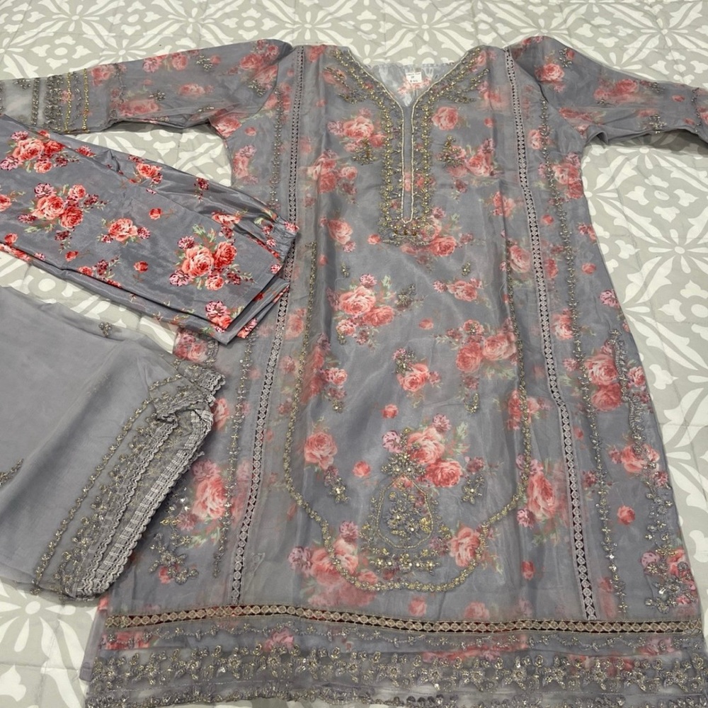 🌹PAKISTANI THREE PIECE BIN SAEED INSPIRED FLORAL COORD SET WITH NET DUPATTA 🌹